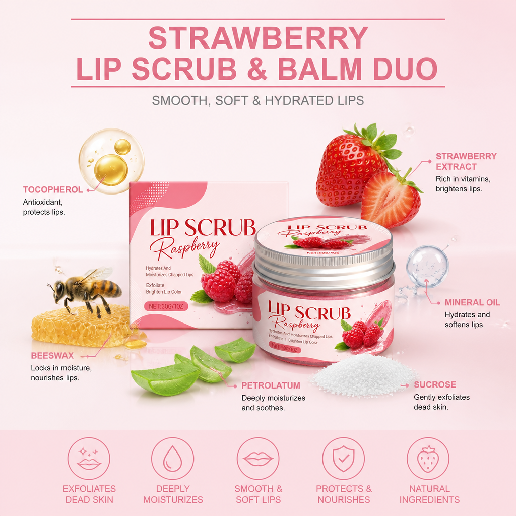 Strawberry Lip Scrub & Balm Duo – Smooth, Soft & Hydrated Lips