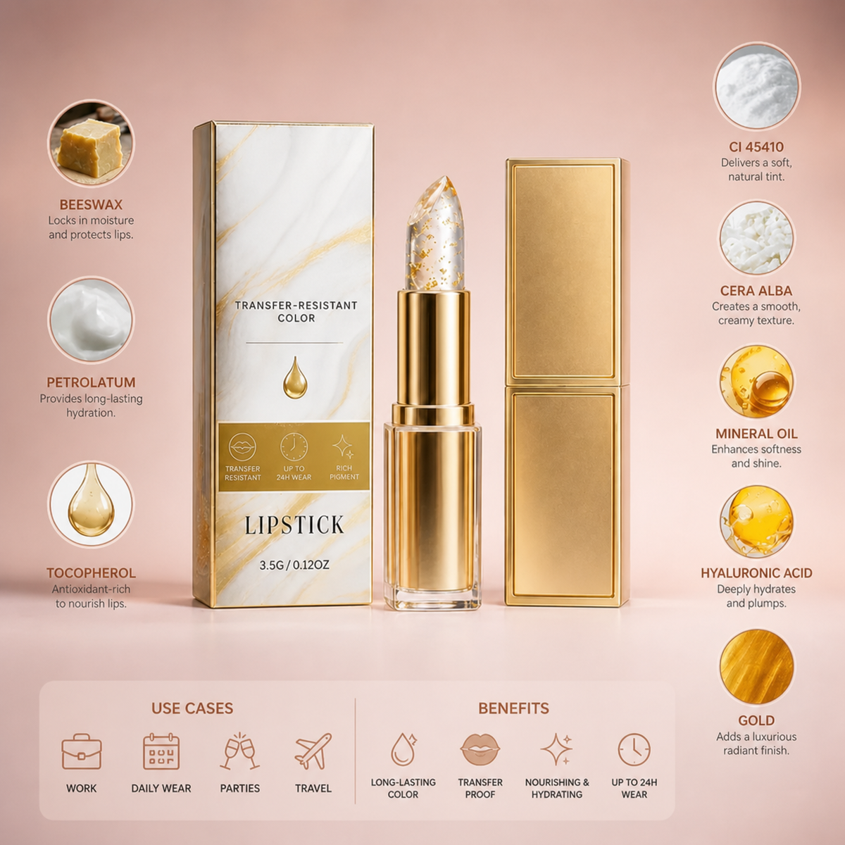 Transfer-Proof Color-Changing Lip Balm with Hyaluronic Acid & Gold