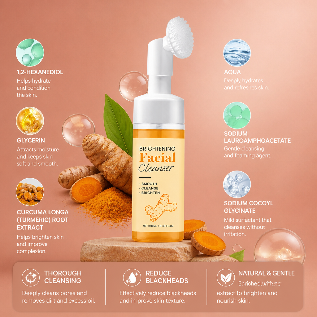 Turmeric Brightening Foaming Facial Cleanser with Soft Silicone Brush