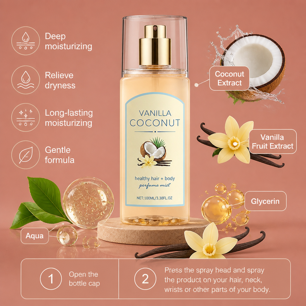 Vanilla Coconut Hair & Body Fragrance Mist – Long-Lasting Scent With Moisture Care