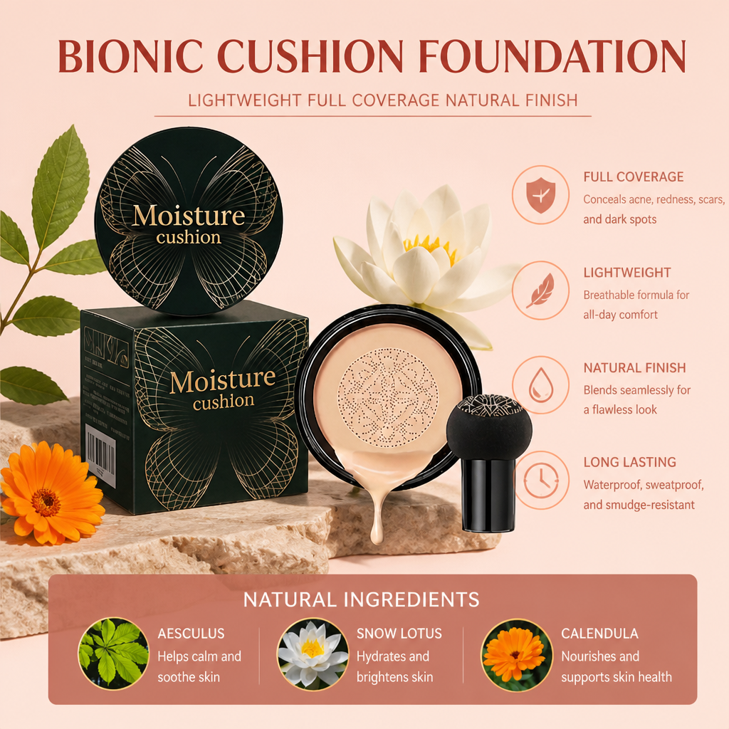 Bionic Cushion Foundation – Lightweight Full Coverage Natural Finish