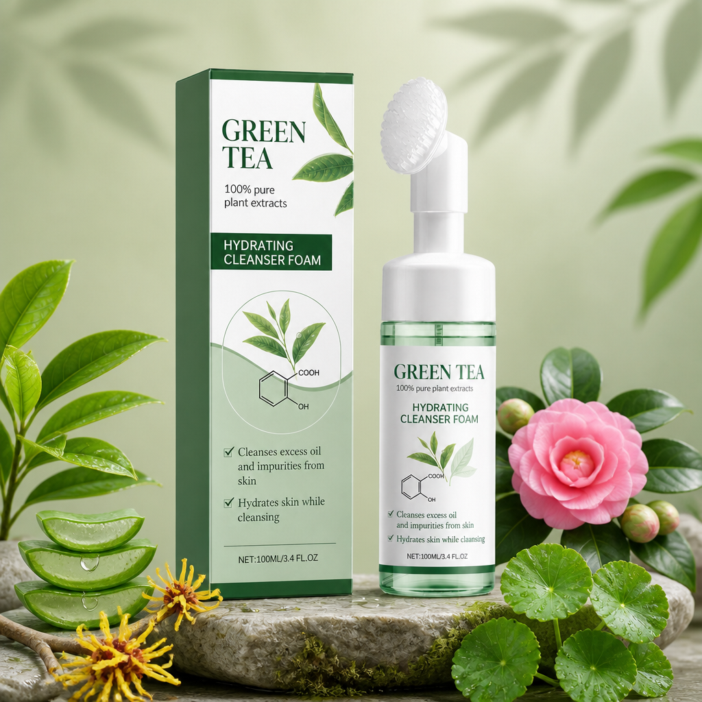 Green Tea Hydrating Foaming Facial Cleanser with Silicone Brush