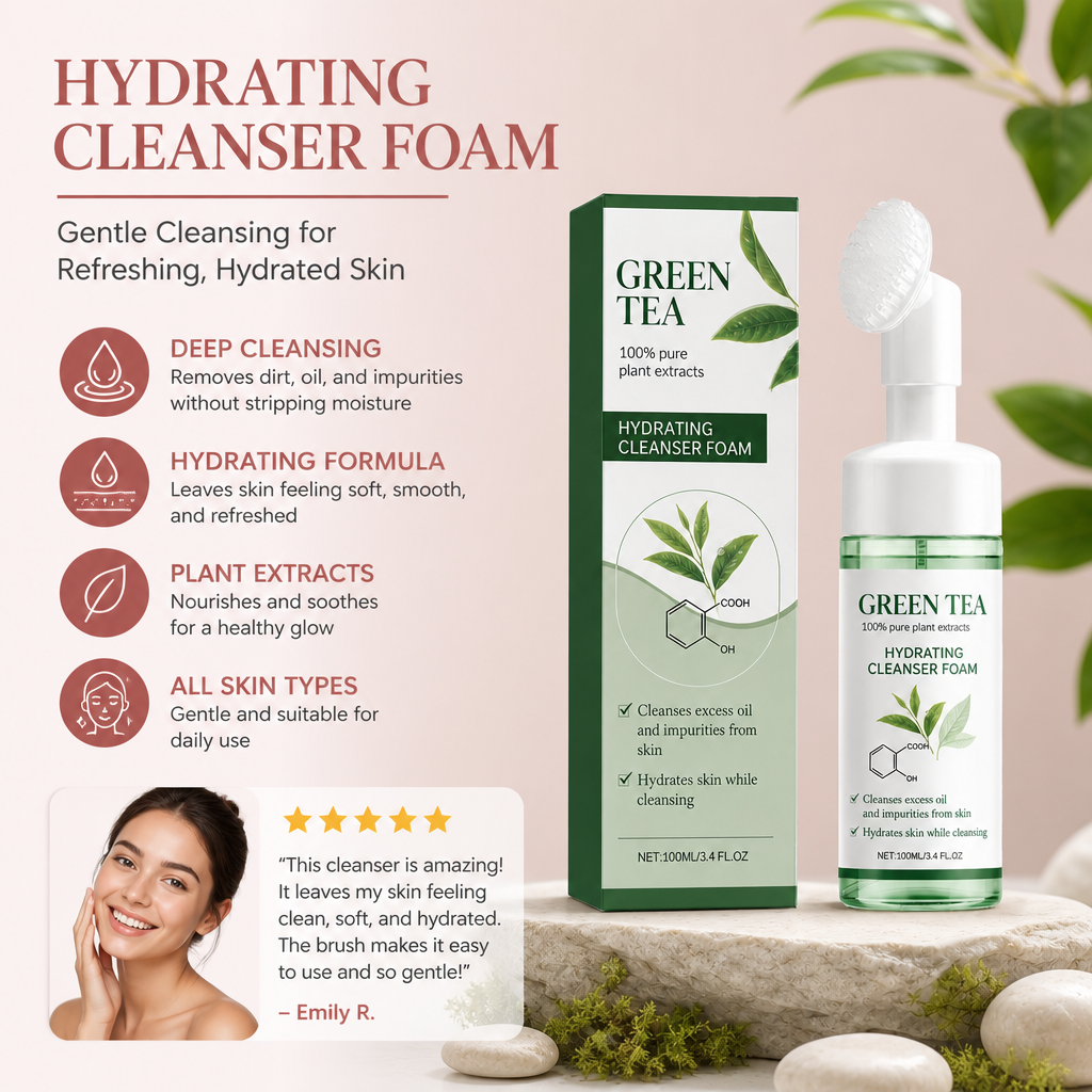 Green Tea Hydrating Foaming Facial Cleanser with Silicone Brush