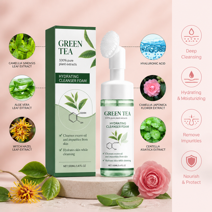 Green Tea Hydrating Foaming Facial Cleanser with Silicone Brush