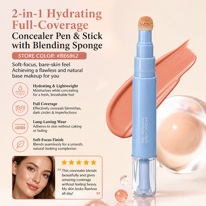 2-in-1 Hydrating Full-Coverage Concealer Pen & Stick with Blending Sponge