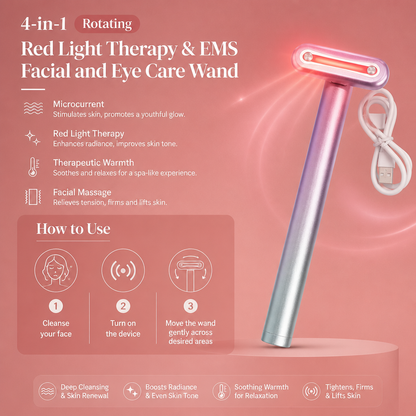 4-in-1 Rotating Red Light Therapy & EMS Facial and Eye Care Wand with Warming Function