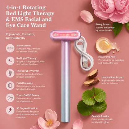 4-in-1 Rotating Red Light Therapy & EMS Facial and Eye Care Wand with Warming Function