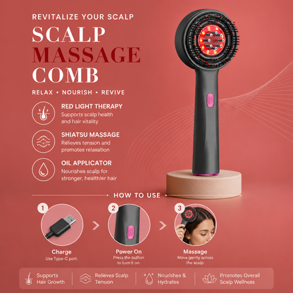 Infrared Red Light Shiatsu Scalp Massager with Oil Applicator for Hair Growth Support