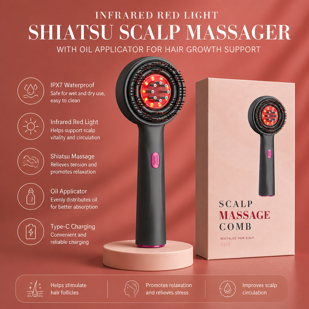 Infrared Red Light Shiatsu Scalp Massager with Oil Applicator for Hair Growth Support