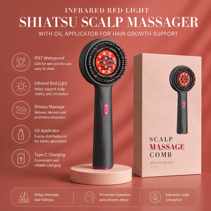 Infrared Red Light Shiatsu Scalp Massager with Oil Applicator for Hair Growth Support