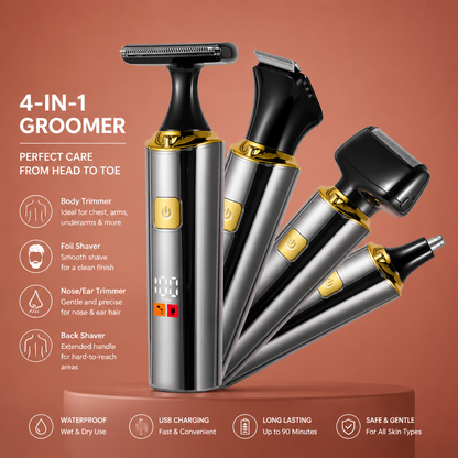 4-in-1 Waterproof Electric Body Groomer & Back Shaver for Men with Long Handle