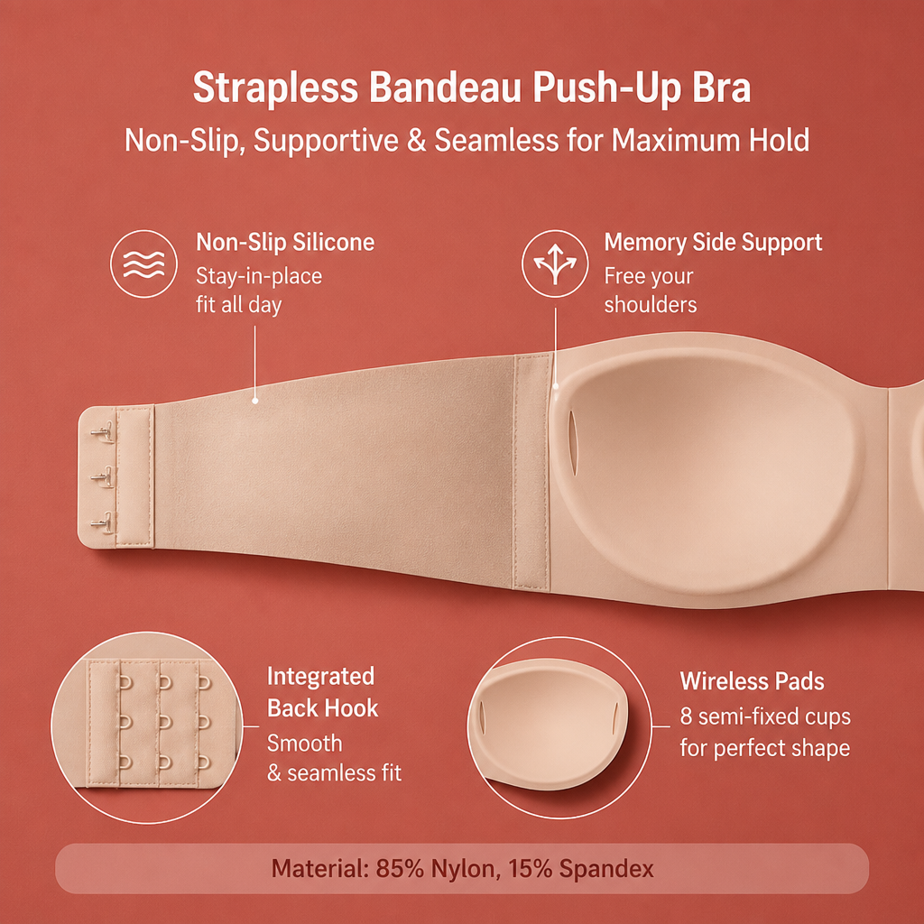 Strapless Bandeau Push-Up Bra – Non-Slip, Supportive & Seamless for Maximum Hold