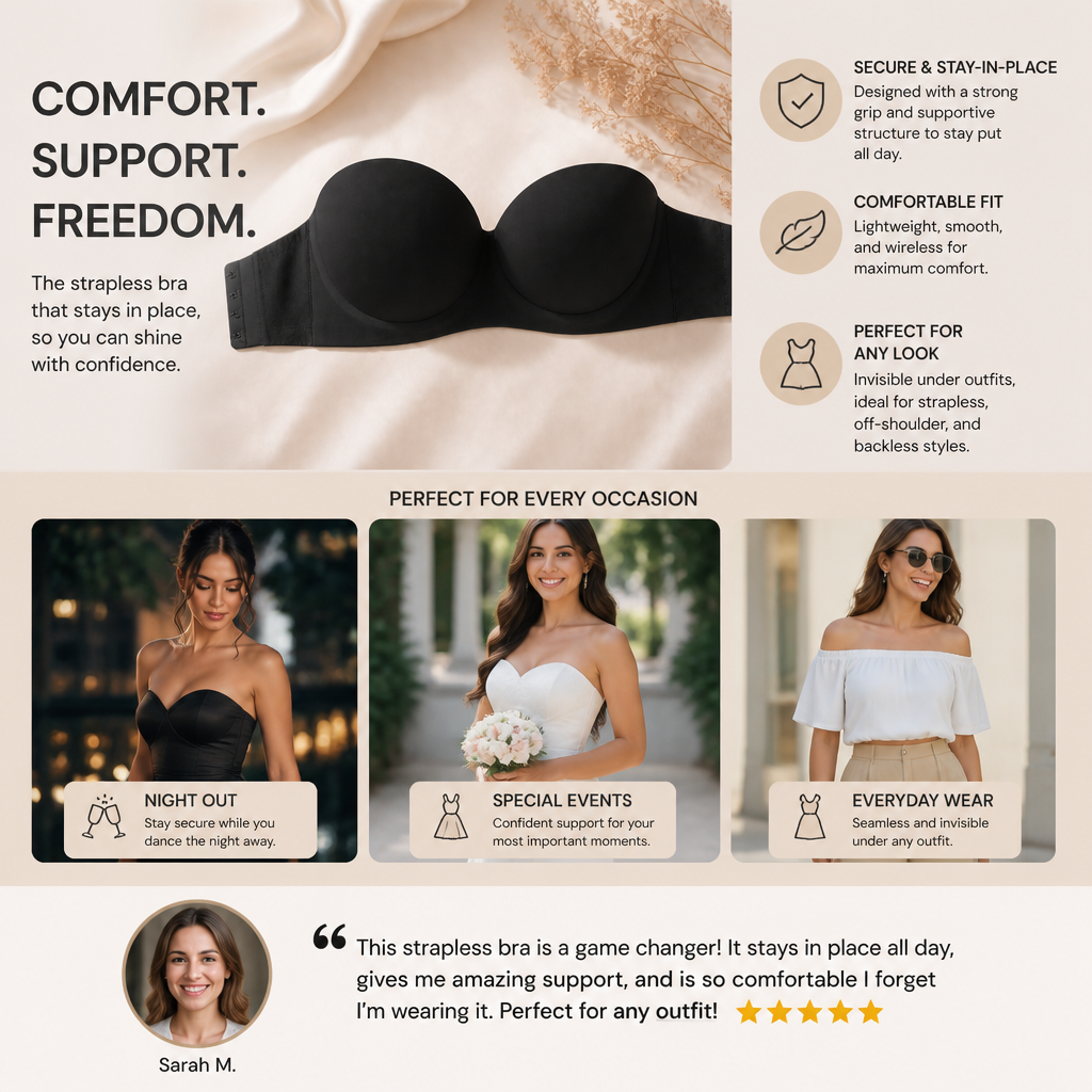 Strapless Bandeau Push-Up Bra – Non-Slip, Supportive & Seamless for Maximum Hold