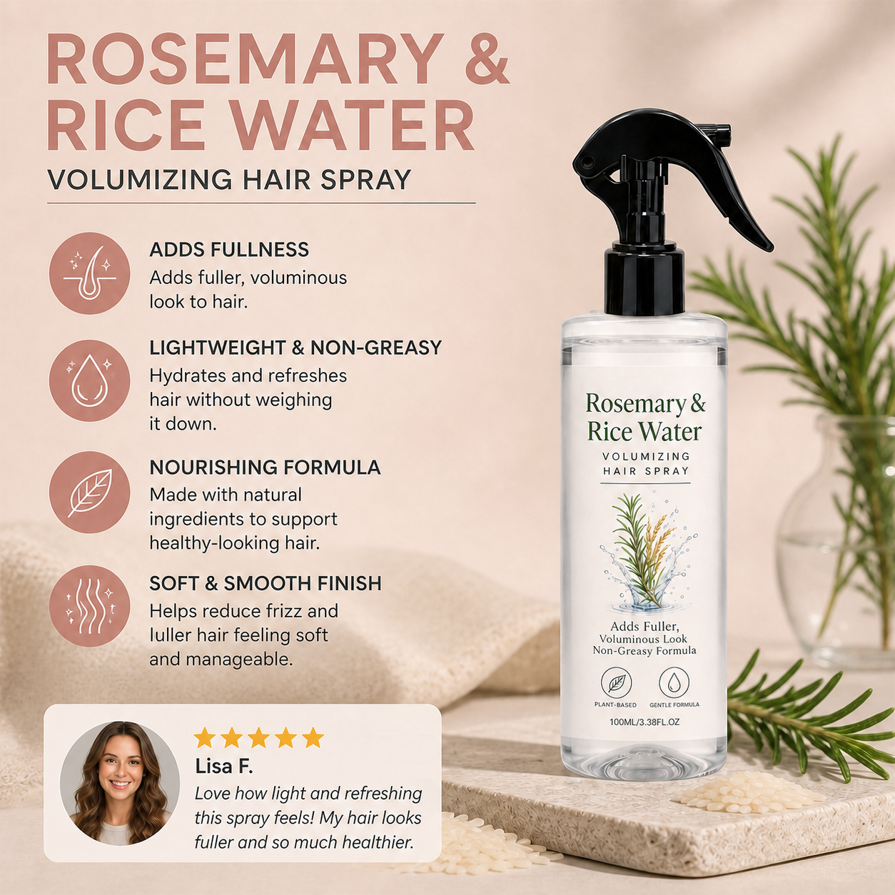 Rosemary & Rice Water Hair Spray – 100% Natural Hair Mist for Soft, Smooth & Healthy-Looking Hair