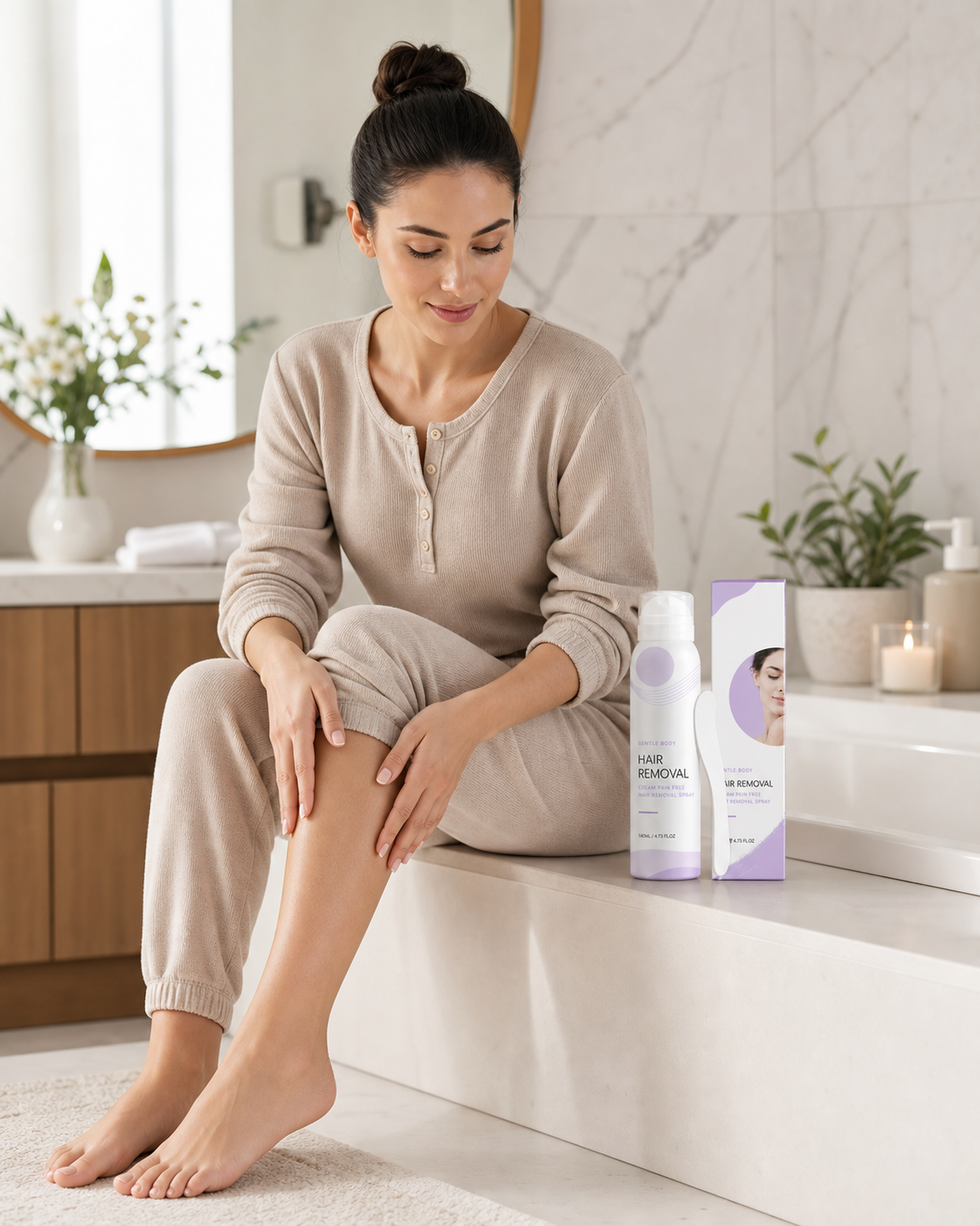 Woman preparing skin before applying Pain-Free Hair Removal Cream