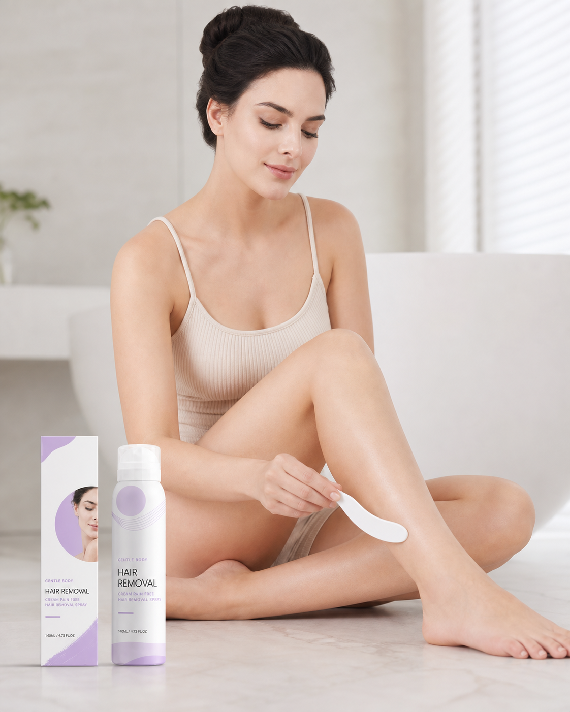 Applying Pain-Free Woman Hair Removal Cream evenly with spatula