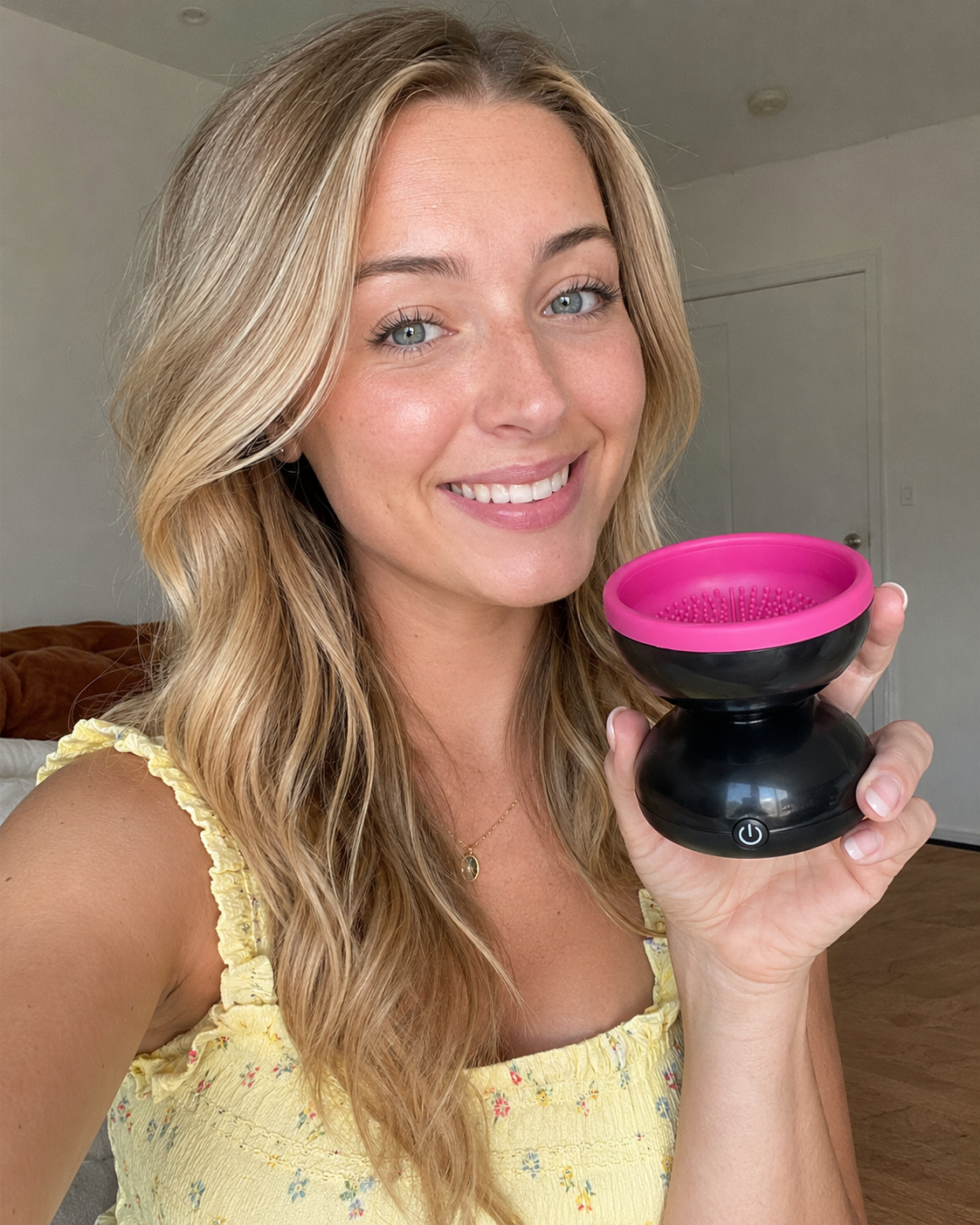 Customer using Electric Makeup Brush Cleaner in morning routine