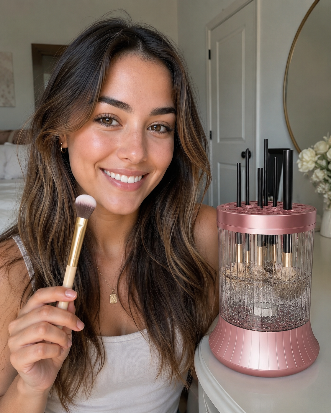 Electric Makeup Brush Cleaner spinning and drying a makeup brush