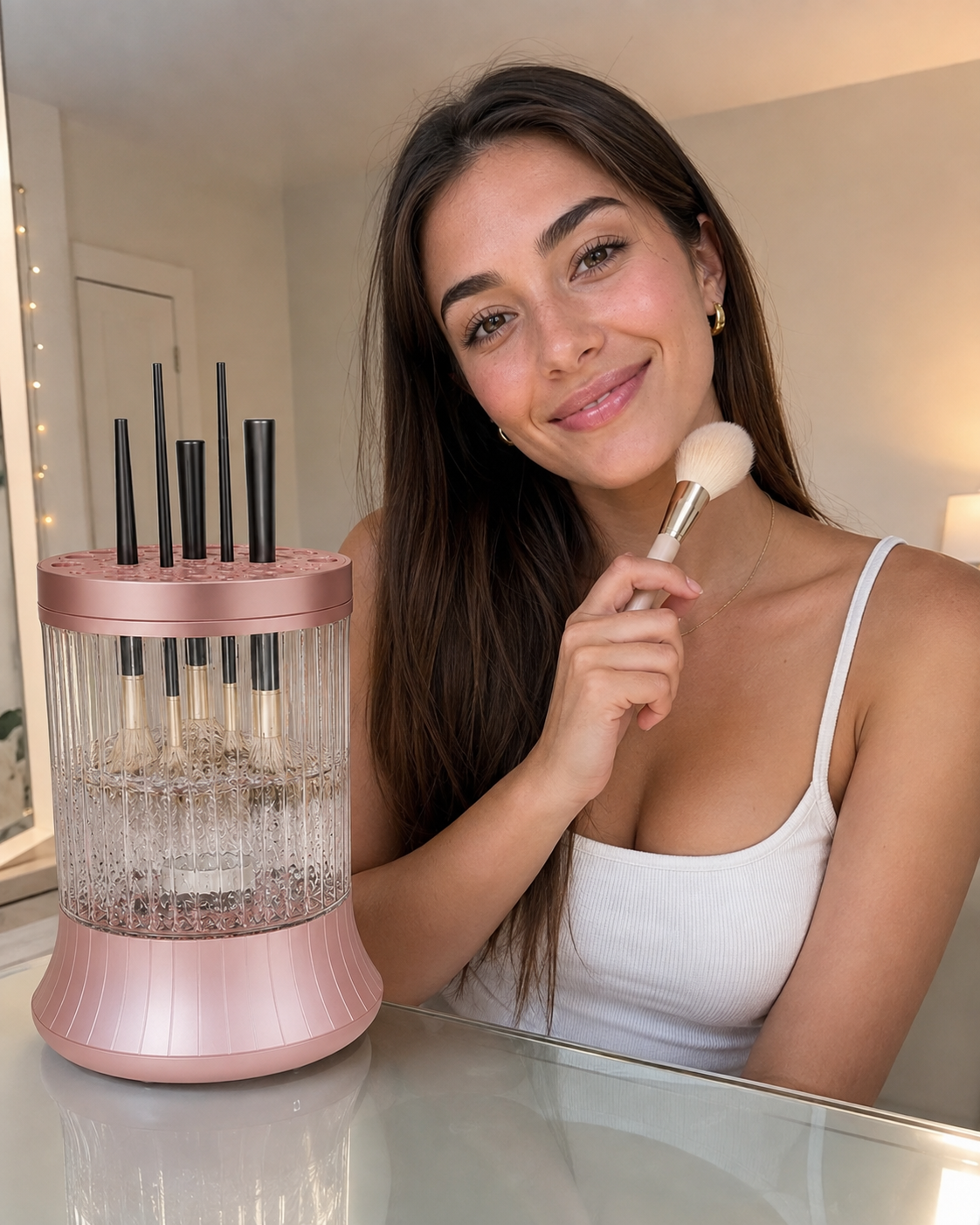 Beauty Britain customer cleaning a foundation brush with the electric brush cleaner