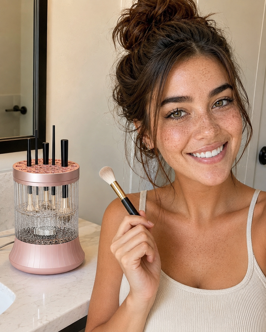Close-up of a clean makeup brush after using the Electric Makeup Brush Cleaner