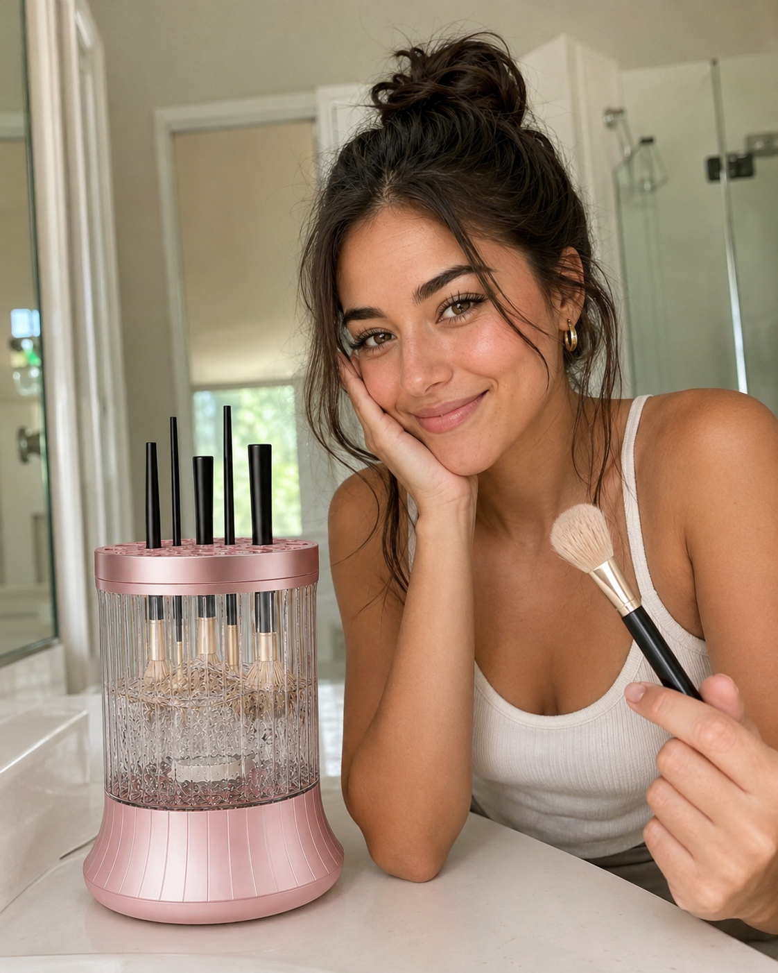 Customer using the Electric Makeup Brush Cleaner to wash a makeup brush
