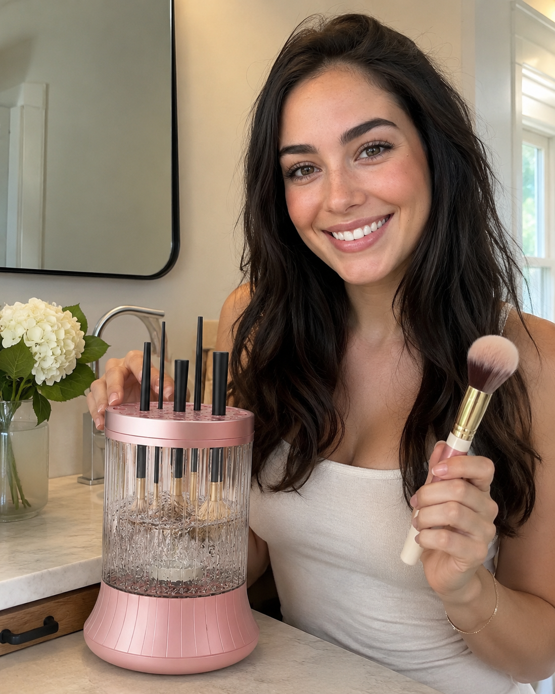 Customer making the Electric Makeup Brush Cleaner part of a makeup routine