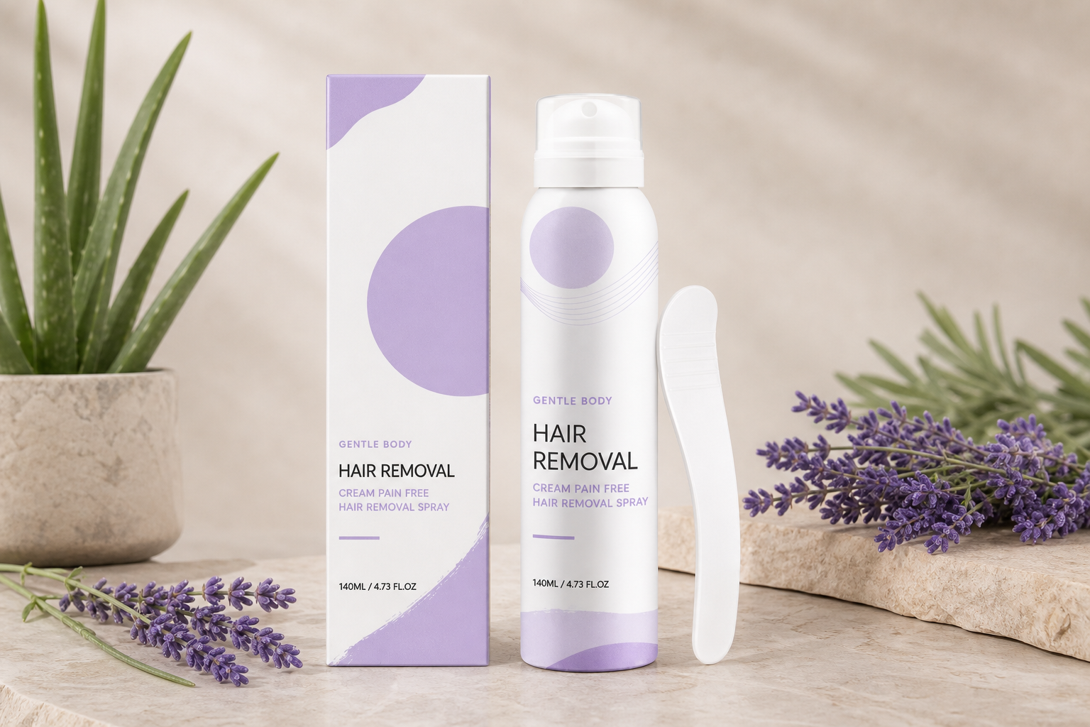 Pain-Free Man Hair Removal Cream product box, spray bottle and application spatula