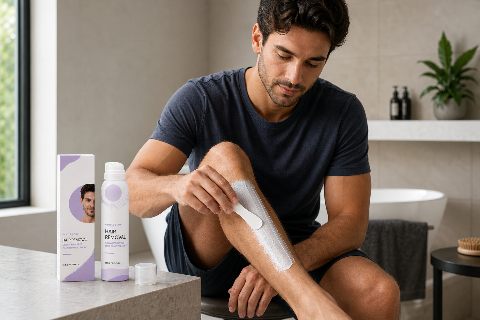 Man applying hair removal cream spray to his chest using the included spatula