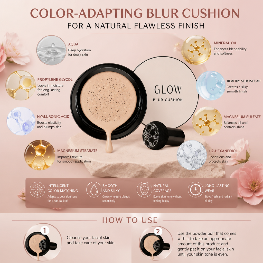 Color-Adapting Blur Cushion Foundation for a Natural Flawless Finish