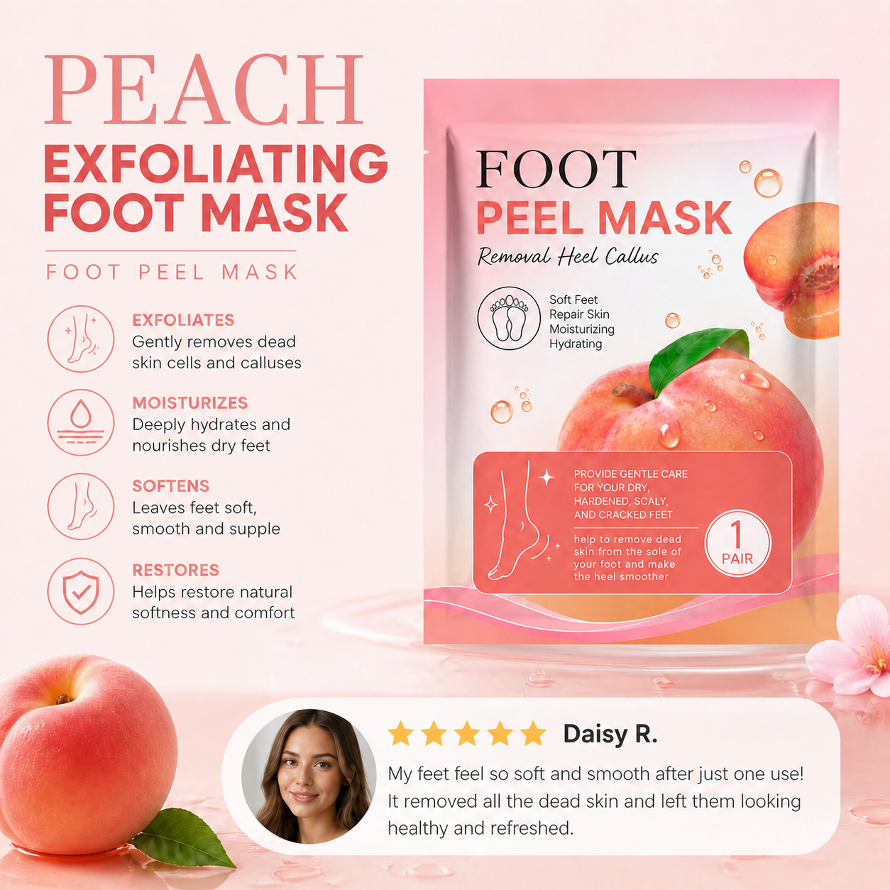 Peach Exfoliating Foot Mask – Moisturizing Care for Soft, Smooth Feet