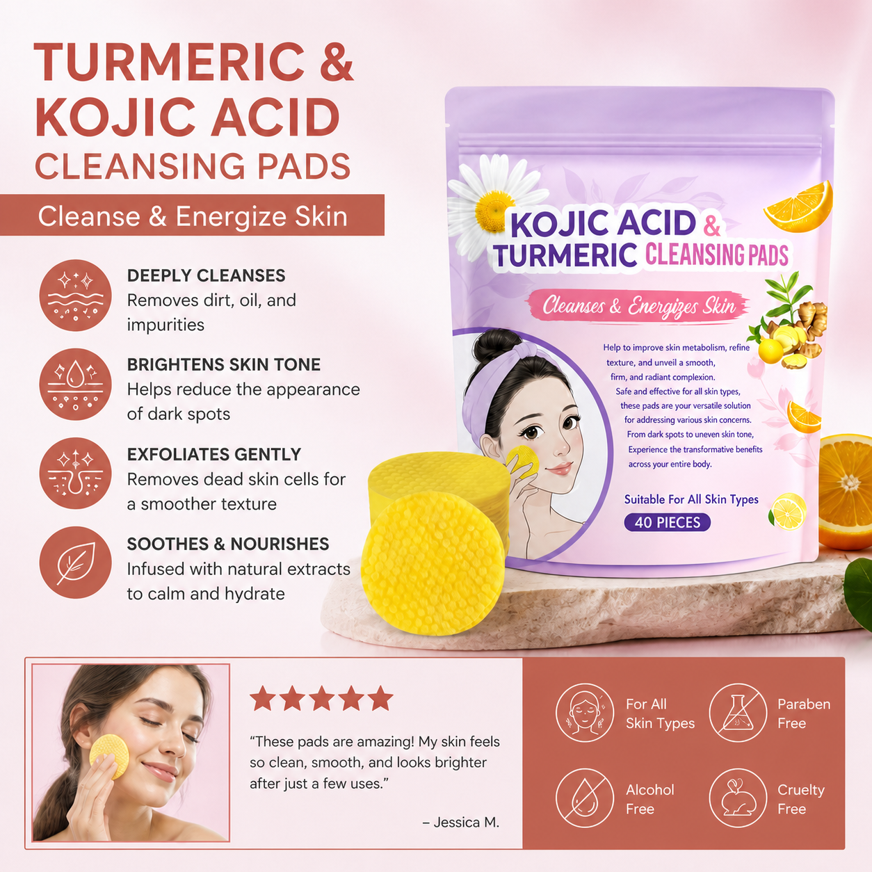 Turmeric & Kojic Acid Cleansing Pads for Smooth, Radiant-Looking Skin
