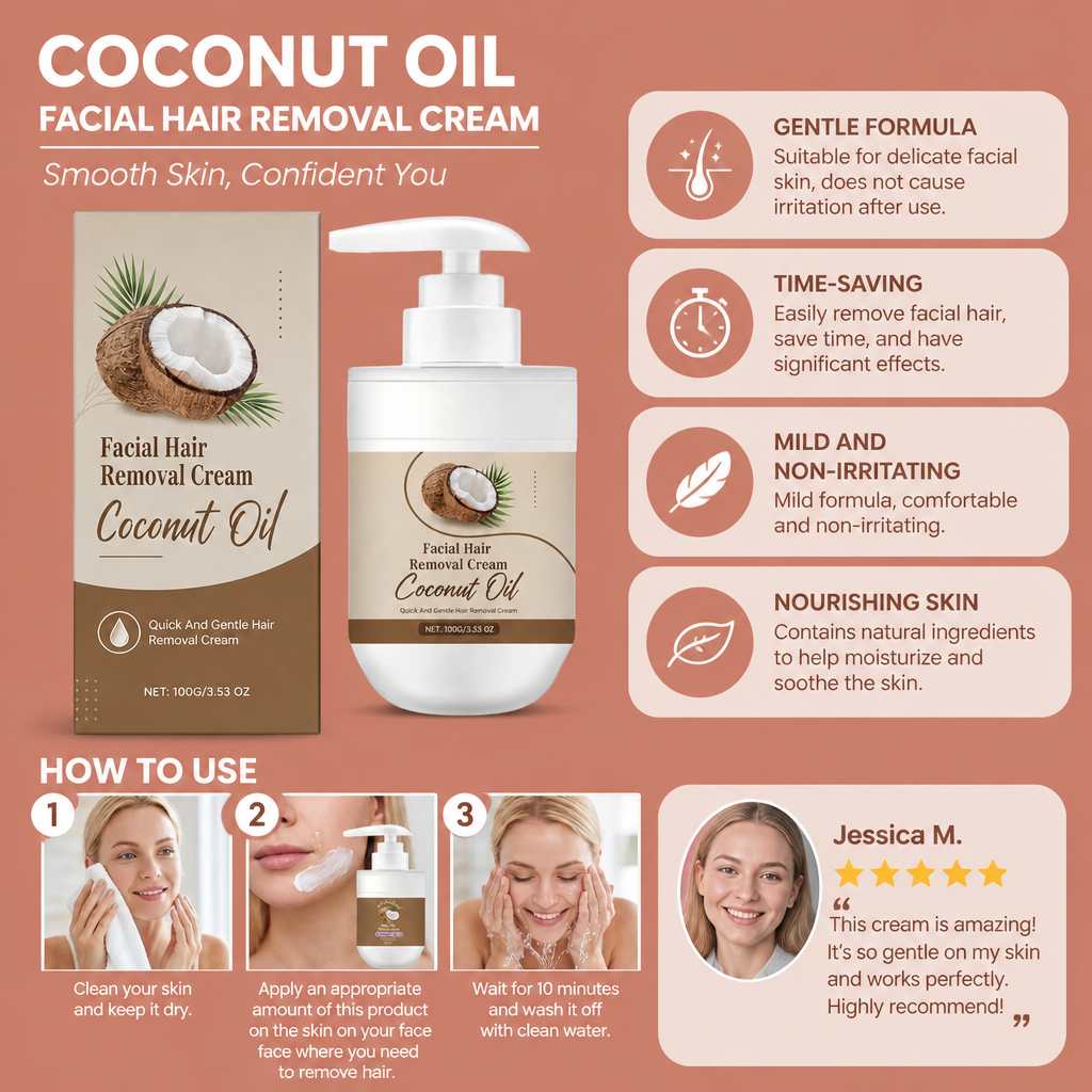 Coconut Oil Facial Hair Removal Cream for Smooth Soft Skin Care