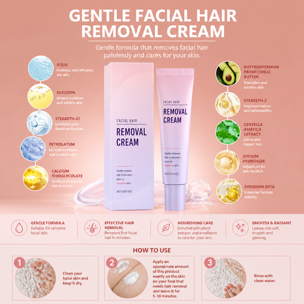 Gentle Facial Hair Removal Cream with Nourishing Skin Care Formula