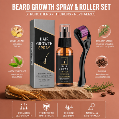 Beard Growth Spray & Roller Set – Strengthens, Thickens, Revitalizes Hair