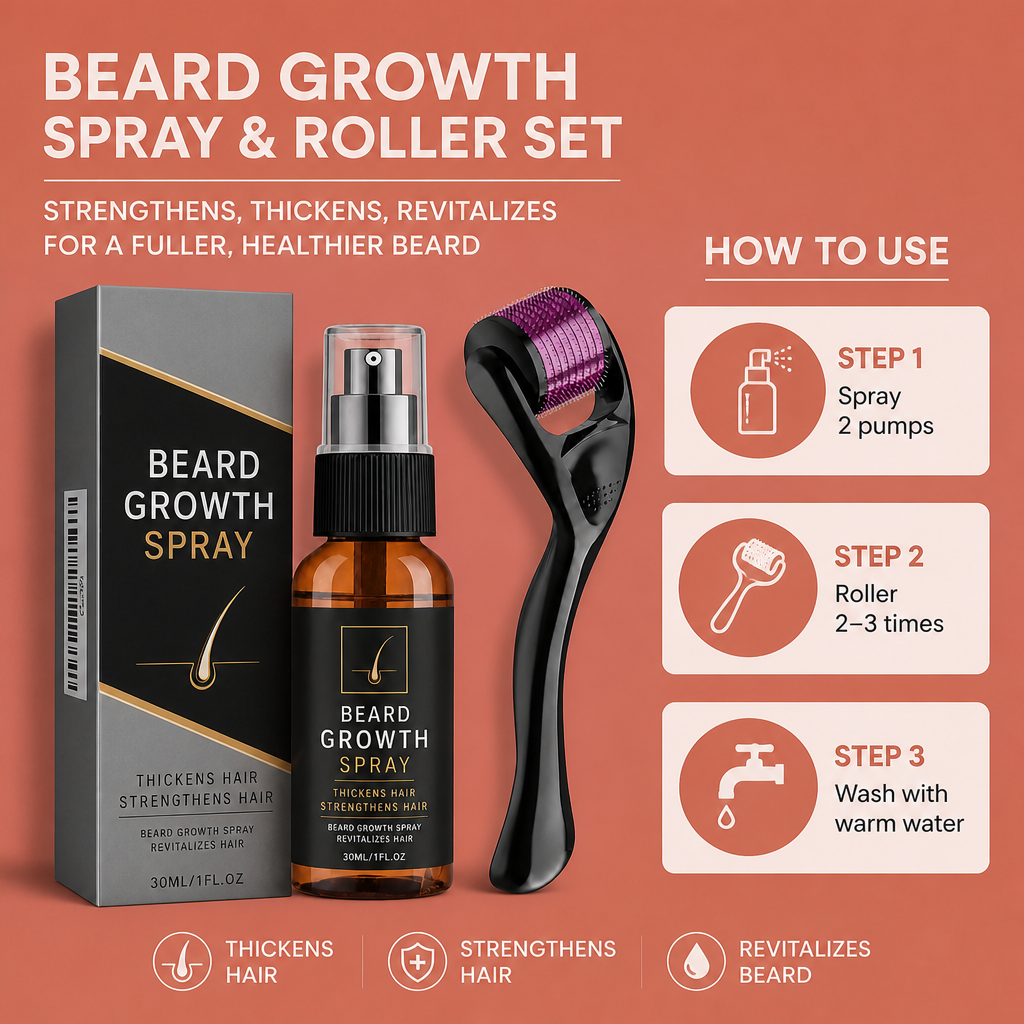 Beard Growth Spray & Roller Set – Strengthens, Thickens, Revitalizes Hair