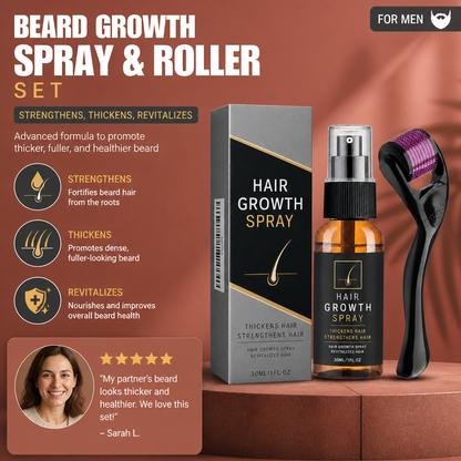 Beard Growth Spray & Roller Set – Strengthens, Thickens, Revitalizes Hair
