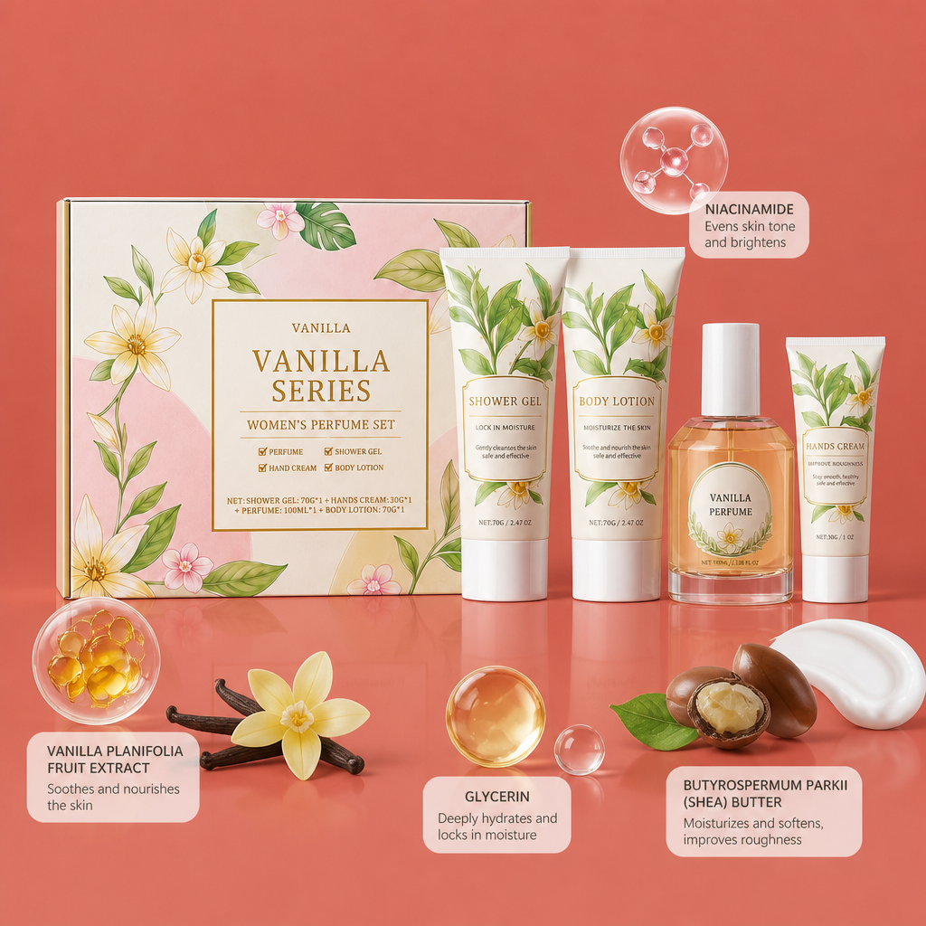 Vanilla Perfume Body Care Set – Hydrating Shower Gel, Cream & Fragrance
