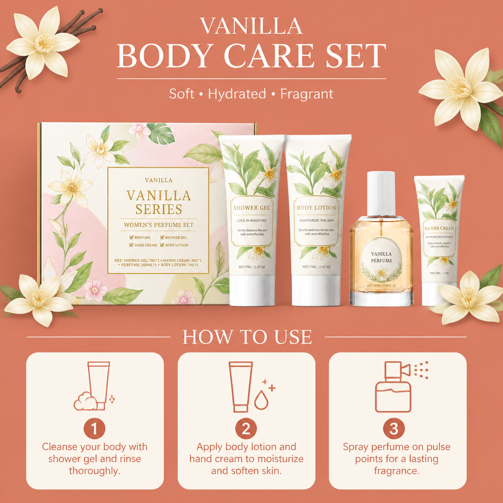 Vanilla Perfume Body Care Set – Hydrating Shower Gel, Cream & Fragrance