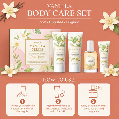 Vanilla Perfume Body Care Set – Hydrating Shower Gel, Cream & Fragrance
