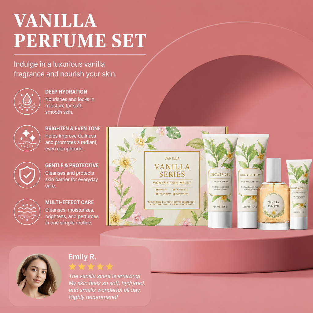 Vanilla Perfume Body Care Set – Hydrating Shower Gel, Cream & Fragrance