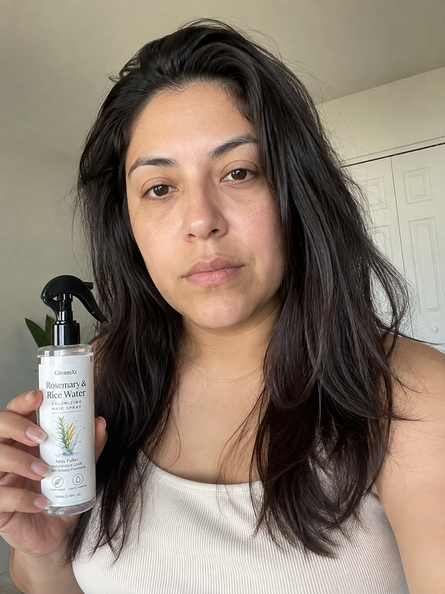 Before using the GleamXi Rosemary & Rice Water Hair Spray