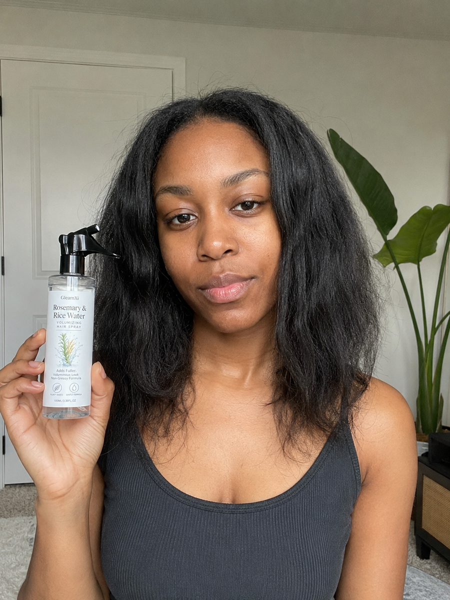 Before using the GleamXi Rosemary & Rice Water Hair Spray