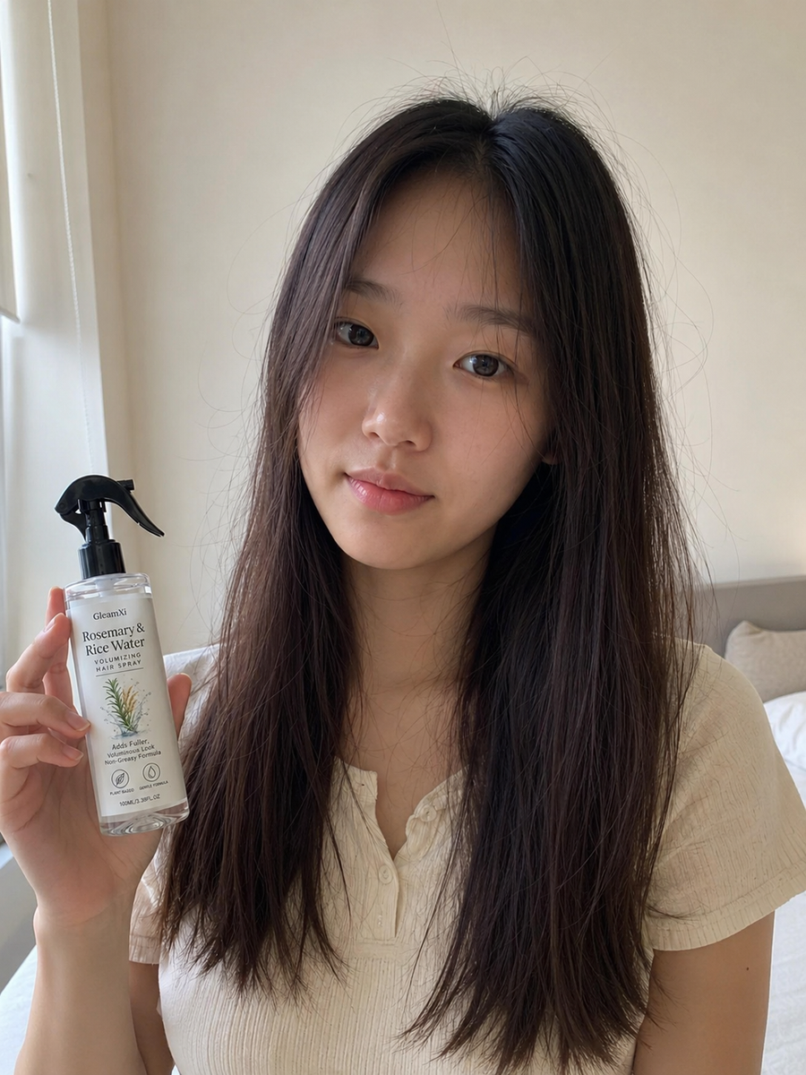 Before using the GleamXi Rosemary & Rice Water Hair Spray