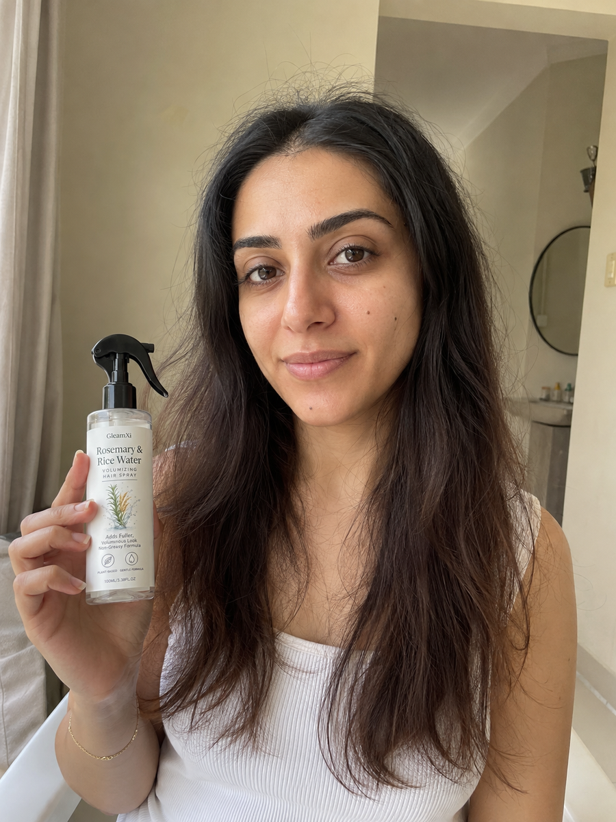 Before using the GleamXi Rosemary & Rice Water Hair Spray