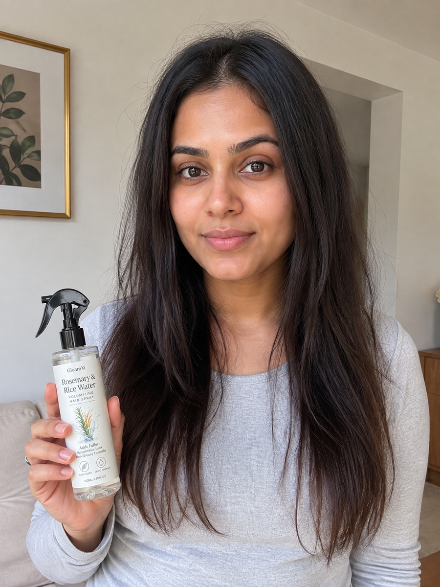Before using the GleamXi Rosemary & Rice Water Hair Spray