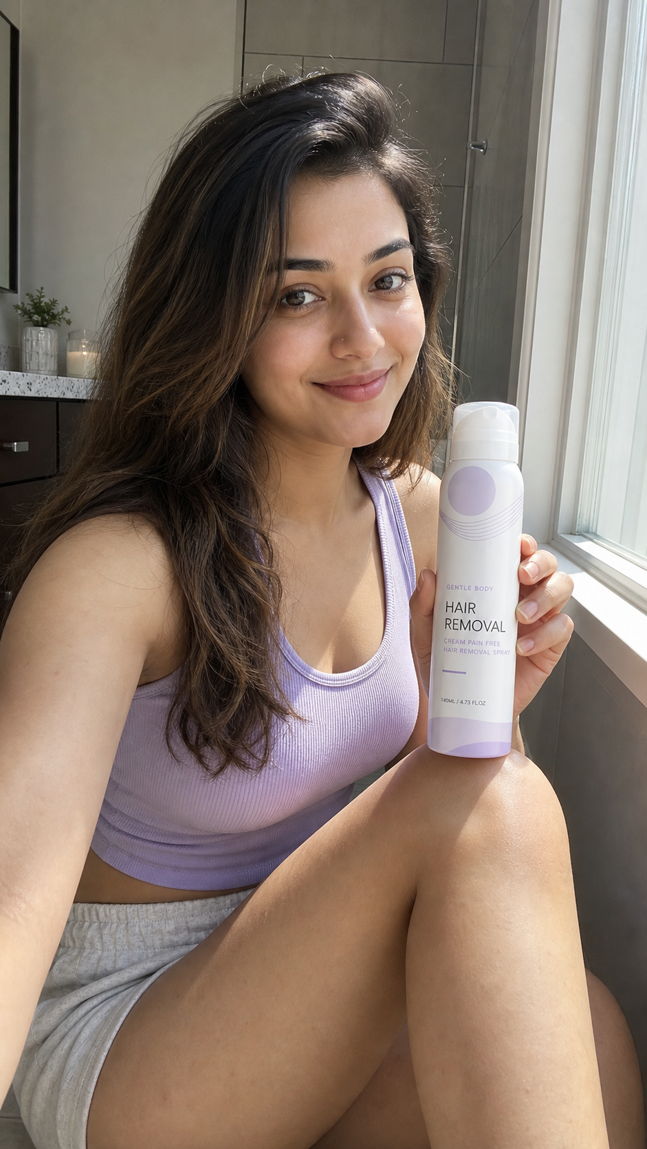 Woman showing smooth skin after using Pain-Free Hair Removal Cream