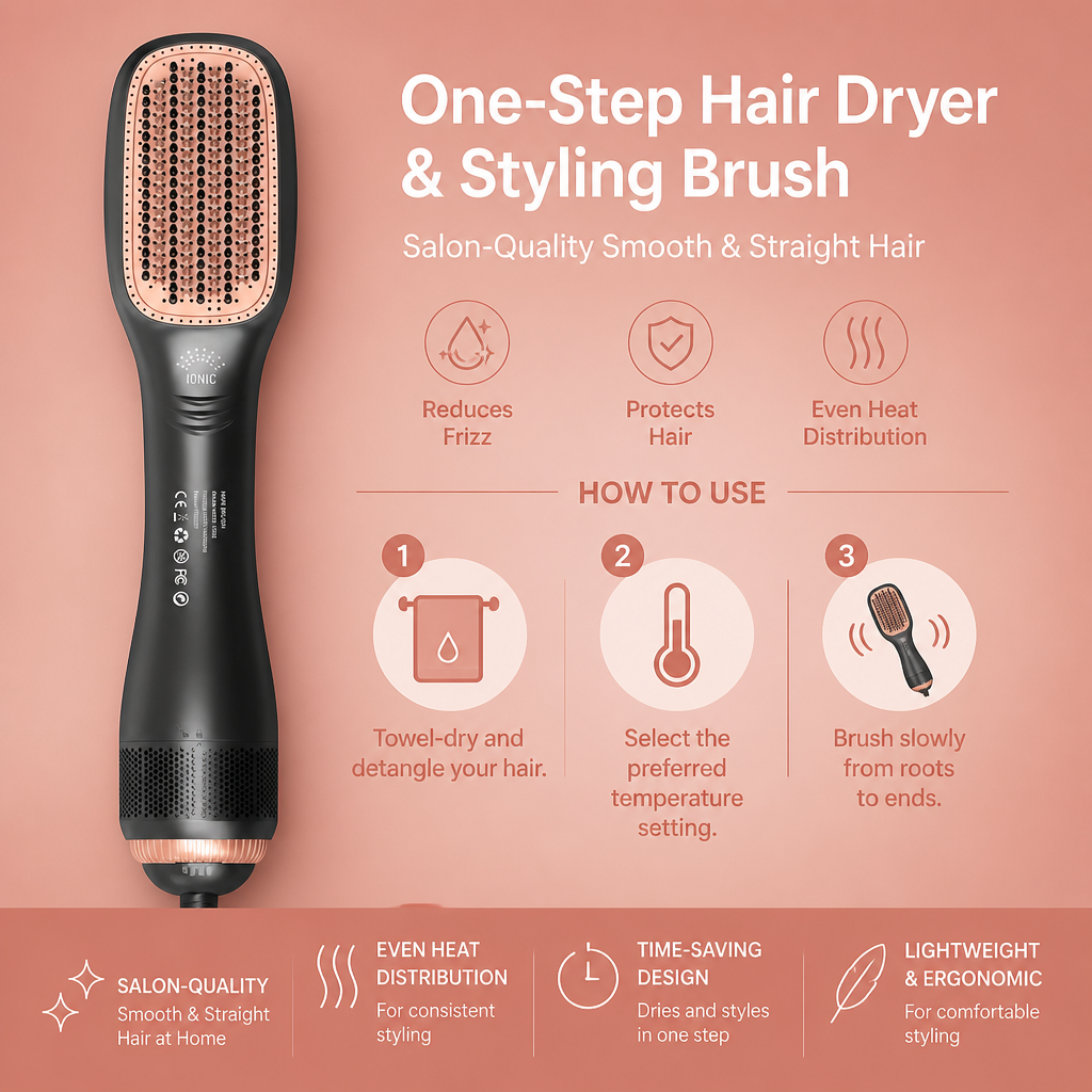 One-Step Hair Dryer & Styling Brush for Salon-Quality Smooth & Straight Hair