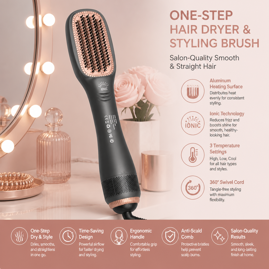 One-Step Hair Dryer & Styling Brush for Salon-Quality Smooth & Straight Hair
