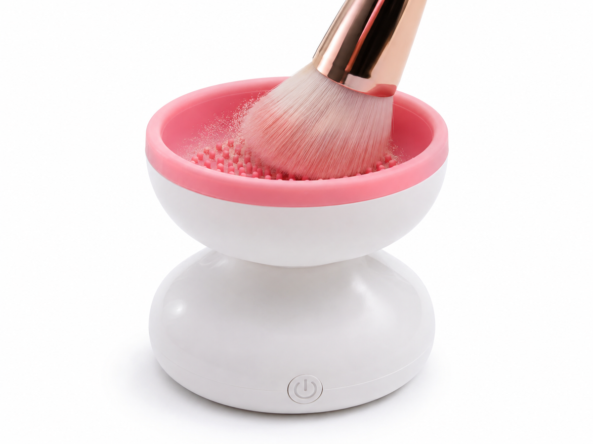 Pressing makeup brush against the silicone cleaning surface