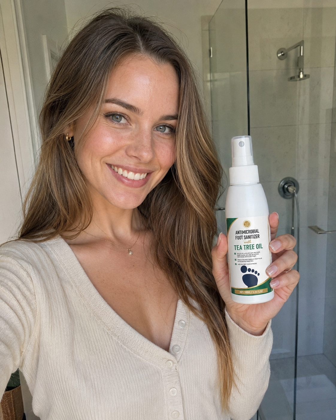 Woman holding Beauty Britain Tea Tree Oil Foot Sanitiser box with mirror in background